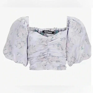 Express Floral Puff Sleeve Ruched Cropped Top Large